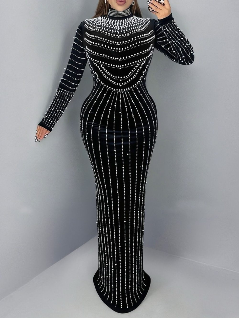 Rhinestone Embellished Mock Neck Long Sleeve Maxi Dress